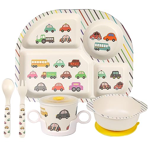 Greentainer Kids Cartoon Dinnerware Set - Children Dishes Food Plate Bowl Cup Spoon Fork Set Dishware, Unbreakable Tableware, Dishwasher Safe Kids Healthy Mealtime, BPA Free,7Pcs/Set-Car