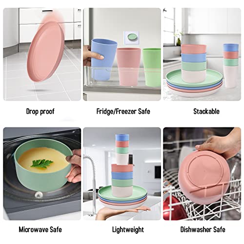 RHM 30Pcs Dinner Set for 4 - Unbreakable Tableware - Plates, Bowls, Cups, Cutlery Sets - Microwave & Dishwasher Safe - Perfect for Camping, Picnic, RV, Dorm - Great for Kids, Elderly