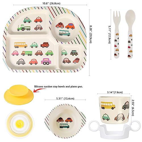 Greentainer Kids Cartoon Dinnerware Set - Children Dishes Food Plate Bowl Cup Spoon Fork Set Dishware, Unbreakable Tableware, Dishwasher Safe Kids Healthy Mealtime, BPA Free,7Pcs/Set-Car