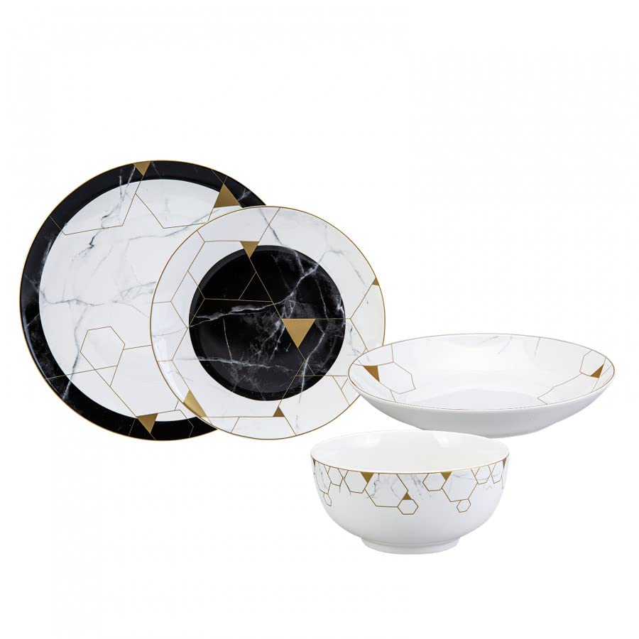 Karaca GEM Dinnerware Set of 6, 24-Pieces Porcelain Dinnerware Set, (4 Settings with 2 Free), Gold Embroidered on Porcelain Plates, Dinner Crockery for 6 People Dessert, Soup Bowls, Serving Plates