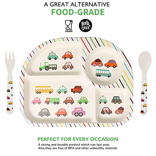 Greentainer Kids Cartoon Dinnerware Set - Children Dishes Food Plate Bowl Cup Spoon Fork Set Dishware, Unbreakable Tableware, Dishwasher Safe Kids Healthy Mealtime, BPA Free,7Pcs/Set-Car