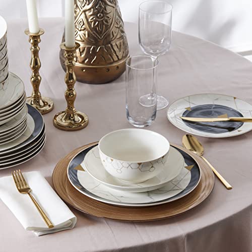 Karaca GEM Dinnerware Set of 6, 24-Pieces Porcelain Dinnerware Set, (4 Settings with 2 Free), Gold Embroidered on Porcelain Plates, Dinner Crockery for 6 People Dessert, Soup Bowls, Serving Plates