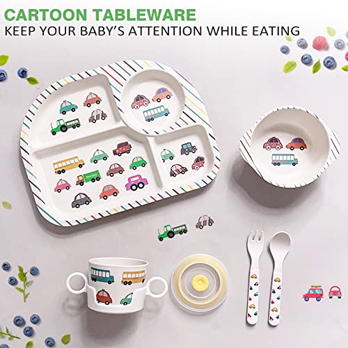 Greentainer Kids Cartoon Dinnerware Set - Children Dishes Food Plate Bowl Cup Spoon Fork Set Dishware, Unbreakable Tableware, Dishwasher Safe Kids Healthy Mealtime, BPA Free,7Pcs/Set-Car