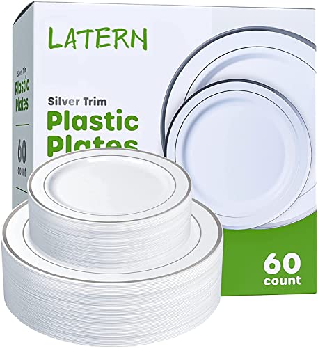LATERN 60Pcs Multi-Use Silver Plastic Dinnerware Set, 30Pcs 26cm Dinner Plates + 30Pcs 19cm Salad Plates, Reusable Plastic Plates for Wedding Anniversary Garden Dessert Party