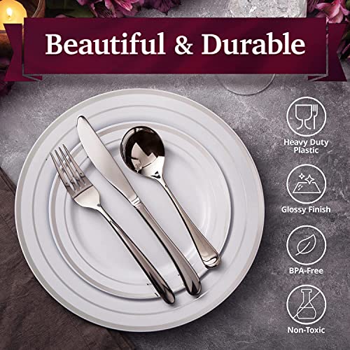 LATERN 60Pcs Multi-Use Silver Plastic Dinnerware Set, 30Pcs 26cm Dinner Plates + 30Pcs 19cm Salad Plates, Reusable Plastic Plates for Wedding Anniversary Garden Dessert Party