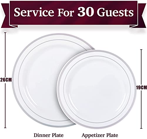 LATERN 60Pcs Multi-Use Silver Plastic Dinnerware Set, 30Pcs 26cm Dinner Plates + 30Pcs 19cm Salad Plates, Reusable Plastic Plates for Wedding Anniversary Garden Dessert Party