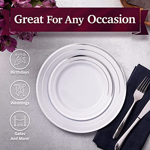 LATERN 60Pcs Multi-Use Silver Plastic Dinnerware Set, 30Pcs 26cm Dinner Plates + 30Pcs 19cm Salad Plates, Reusable Plastic Plates for Wedding Anniversary Garden Dessert Party