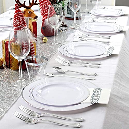 LATERN 60Pcs Multi-Use Silver Plastic Dinnerware Set, 30Pcs 26cm Dinner Plates + 30Pcs 19cm Salad Plates, Reusable Plastic Plates for Wedding Anniversary Garden Dessert Party