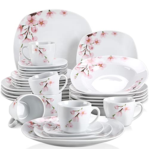 VEWEET 'Annie' 30-Piece Dinnerware Set Ivory White China Ceramic Pink Floral Tableware Set of Porcelain Plate Set, Cups and Saucers Set Service for 6
