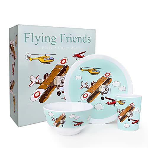 Kiz Designs Airplane Kids Dinner Set – 3pcs Melamine Children’s Dinner Set – Cup, Bowl, Serving Plate – BPA Free and Dishwasher Safe