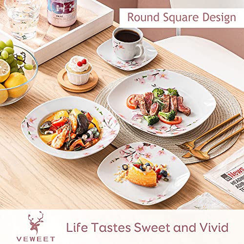 VEWEET 'Annie' 30-Piece Dinnerware Set Ivory White China Ceramic Pink Floral Tableware Set of Porcelain Plate Set, Cups and Saucers Set Service for 6