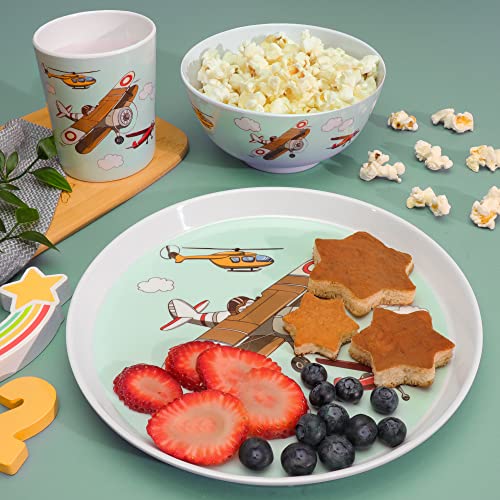 Kiz Designs Airplane Kids Dinner Set – 3pcs Melamine Children’s Dinner Set – Cup, Bowl, Serving Plate – BPA Free and Dishwasher Safe