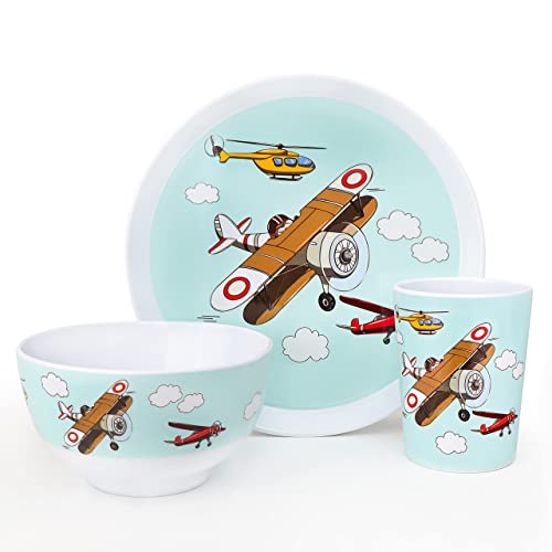 Kiz Designs Airplane Kids Dinner Set – 3pcs Melamine Children’s Dinner Set – Cup, Bowl, Serving Plate – BPA Free and Dishwasher Safe