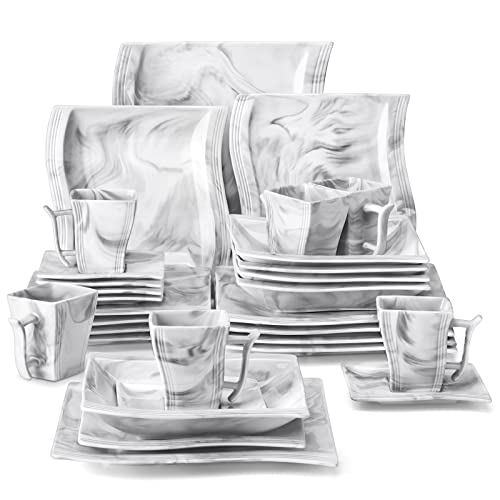 MALACASA Dinner Sets for 6 People, 30-Piece Plate Set Tableware with 6-Piece Dinner Plates/Dessert Plates/Soup Plates/Cups and Saucers, Porcelain Dinnerware Set, Marble Grey, Series Flora