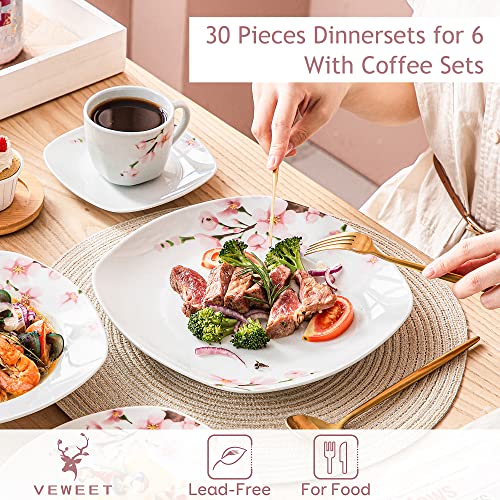 VEWEET 'Annie' 30-Piece Dinnerware Set Ivory White China Ceramic Pink Floral Tableware Set of Porcelain Plate Set, Cups and Saucers Set Service for 6