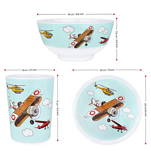 Kiz Designs Airplane Kids Dinner Set – 3pcs Melamine Children’s Dinner Set – Cup, Bowl, Serving Plate – BPA Free and Dishwasher Safe