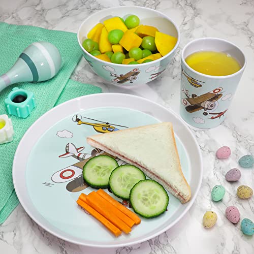 Kiz Designs Airplane Kids Dinner Set – 3pcs Melamine Children’s Dinner Set – Cup, Bowl, Serving Plate – BPA Free and Dishwasher Safe