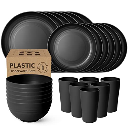Teivio 24-Piece Kitchen Plastic Dinnerware Set, Service for 6, Dinner Plates, Dessert Plates, Cereal Bowls, Cups, Unbreakable Plastic Plates and Bowls Set, Outdoor Camping Dishes, Black