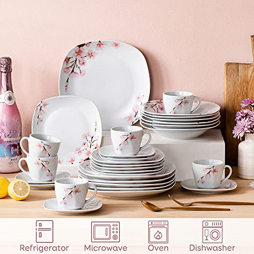 VEWEET 'Annie' 30-Piece Dinnerware Set Ivory White China Ceramic Pink Floral Tableware Set of Porcelain Plate Set, Cups and Saucers Set Service for 6