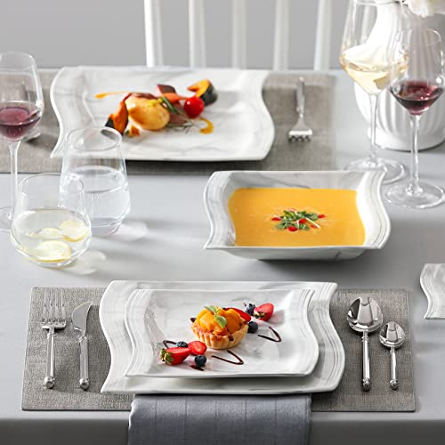 MALACASA Dinner Sets for 6 People, 30-Piece Plate Set Tableware with 6-Piece Dinner Plates/Dessert Plates/Soup Plates/Cups and Saucers, Porcelain Dinnerware Set, Marble Grey, Series Flora
