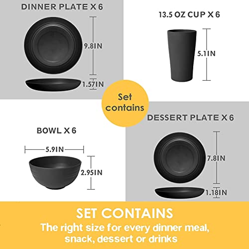 Teivio 24-Piece Kitchen Plastic Dinnerware Set, Service for 6, Dinner Plates, Dessert Plates, Cereal Bowls, Cups, Unbreakable Plastic Plates and Bowls Set, Outdoor Camping Dishes, Black