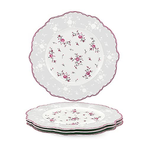 fanquare 27.5cm Porcelain White Dinner Plates Set of 4, Pink Rose Floral Dinner Set, Royal Vintage Tableware for Christmas Party, Wedding