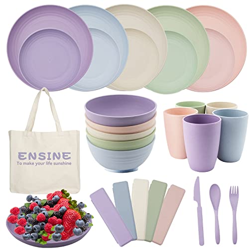 42PCS Plates and Bowls Set, Premium Plastic Dinner Sets with Carry Bag, Unbreakable Picnic Dinner Sets for 5 People Lightweight, Safe Plastic Plates, Cups, Bowls & Cutlery Set