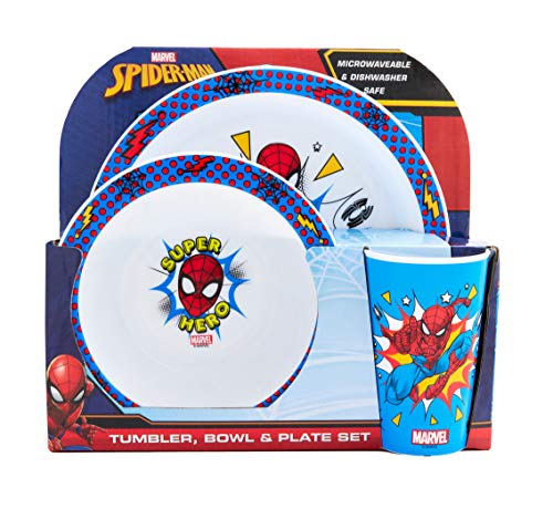 Marvel Spider-Man Kids Tableware Set – 3 Piece Reusable PP Plate, Bowl & Cup Set – Superhero Dinnerware Tableware Set for Mealtimes at Home, On Holiday or at Picnics – for 24 Months & Up, Blue