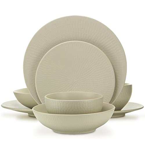 EZOWare 8-Piece Dinnerware Set, Stoneware Service for 2 with Woven Pattern, Large Round Dinner Plates, Salad Plates, Soup Bowls, Cereal Bowls - Sandy Khaki