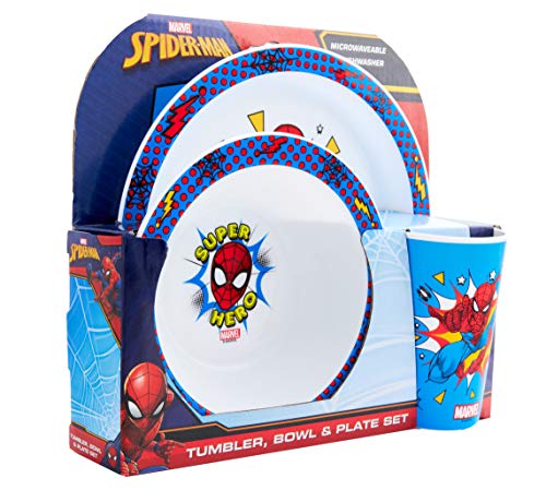 Marvel Spider-Man Kids Tableware Set – 3 Piece Reusable PP Plate, Bowl & Cup Set – Superhero Dinnerware Tableware Set for Mealtimes at Home, On Holiday or at Picnics – for 24 Months & Up, Blue