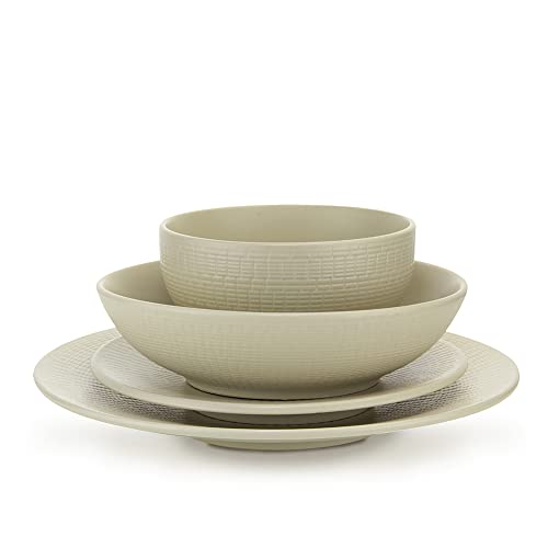 EZOWare 8-Piece Dinnerware Set, Stoneware Service for 2 with Woven Pattern, Large Round Dinner Plates, Salad Plates, Soup Bowls, Cereal Bowls - Sandy Khaki