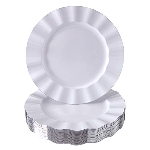 Silver Spoons Ruffled Rim Dinner Plates | 20 pc | Heavy Duty Dishes | Elegant Fine China Look | Veil - White (11.25”)