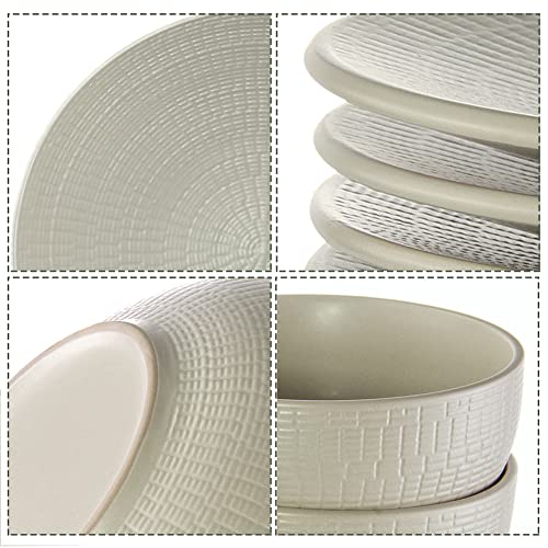 EZOWare 8-Piece Dinnerware Set, Stoneware Service for 2 with Woven Pattern, Large Round Dinner Plates, Salad Plates, Soup Bowls, Cereal Bowls - Sandy Khaki