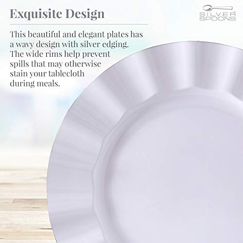 Silver Spoons Ruffled Rim Dinner Plates | 20 pc | Heavy Duty Dishes | Elegant Fine China Look | Veil - White (11.25”)
