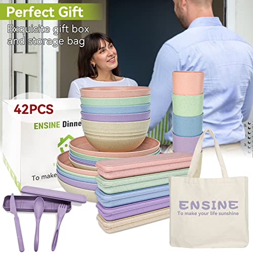 42PCS Plates and Bowls Set, Premium Plastic Dinner Sets with Carry Bag, Unbreakable Picnic Dinner Sets for 5 People Lightweight, Safe Plastic Plates, Cups, Bowls & Cutlery Set