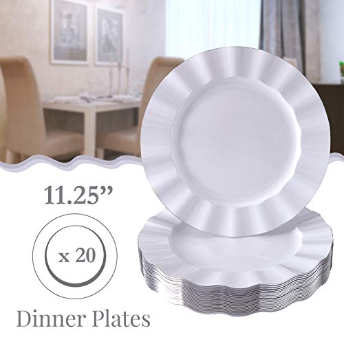 Silver Spoons Ruffled Rim Dinner Plates | 20 pc | Heavy Duty Dishes | Elegant Fine China Look | Veil - White (11.25”)