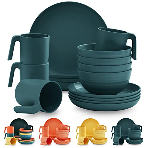 Kyraton Plastic Dinnerware Set of 16 Pieces, Unbreakable and Reusable Light Weight Plates Mugs Bowls Dishes Easy to Carry and Clean Microwave Safe BPA Free Dishwasher Safe Service for 4 (Dark Green)