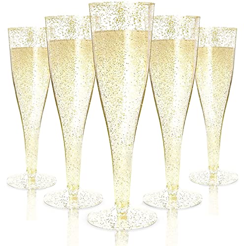 LATERN 54Pcs Plastic Champagne Flutes, 150ml Gold Glitter Champagne Glasses Reusable Stemmed Party Wine Cups for Garden Wedding Anniversary Shower Parties (5 x 17cm)