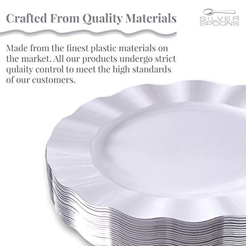 Silver Spoons Ruffled Rim Dinner Plates | 20 pc | Heavy Duty Dishes | Elegant Fine China Look | Veil - White (11.25”)