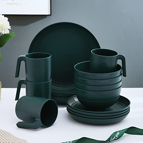 Kyraton Plastic Dinnerware Set of 16 Pieces, Unbreakable and Reusable Light Weight Plates Mugs Bowls Dishes Easy to Carry and Clean Microwave Safe BPA Free Dishwasher Safe Service for 4 (Dark Green)