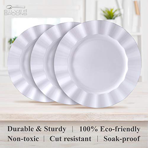 Silver Spoons Ruffled Rim Dinner Plates | 20 pc | Heavy Duty Dishes | Elegant Fine China Look | Veil - White (11.25”)