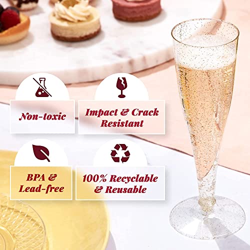 LATERN 54Pcs Plastic Champagne Flutes, 150ml Gold Glitter Champagne Glasses Reusable Stemmed Party Wine Cups for Garden Wedding Anniversary Shower Parties (5 x 17cm)