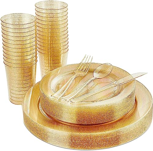 LATERN 150Pcs Multi-Use Gold Glitter Dinnerware Set, 25Pcs Resuable Dinner Plates, 25Pcs Salad Plates, 25Pcs Knives, 25Pcs Mini Forks, 25Pcs Spoons, 25Pcs Cups for Wedding Anniversary Garden Party