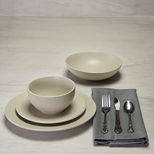 EZOWare 8-Piece Dinnerware Set, Stoneware Service for 2 with Woven Pattern, Large Round Dinner Plates, Salad Plates, Soup Bowls, Cereal Bowls - Sandy Khaki