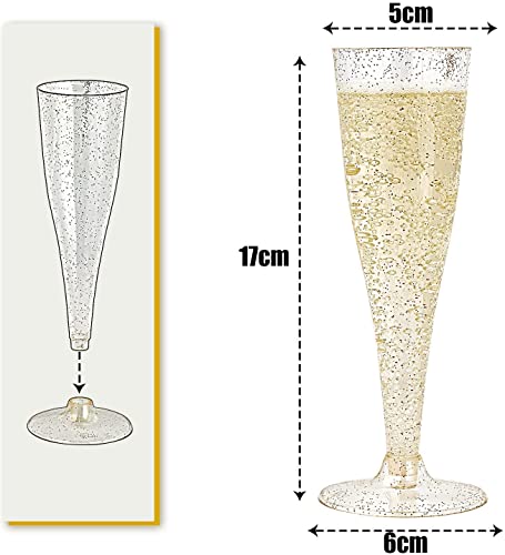 LATERN 54Pcs Plastic Champagne Flutes, 150ml Gold Glitter Champagne Glasses Reusable Stemmed Party Wine Cups for Garden Wedding Anniversary Shower Parties (5 x 17cm)