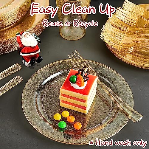 LATERN 150Pcs Multi-Use Gold Glitter Dinnerware Set, 25Pcs Resuable Dinner Plates, 25Pcs Salad Plates, 25Pcs Knives, 25Pcs Mini Forks, 25Pcs Spoons, 25Pcs Cups for Wedding Anniversary Garden Party