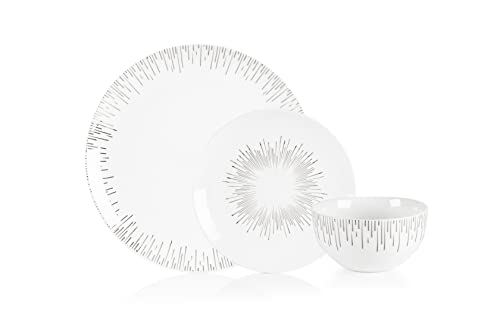 12pc Silver Sunburst, Porcelain Dinner Sets – 4X Dinner Plates, 4X Side Plates, 4X Bowls - Plate and Bowls Set for 4, Porcelain Dinnerware Sets for 4