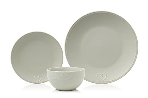 Sabichi Grey Hearts Embossed 12pc Dinner Set – Matte Glazed Stoneware Dinner Sets – 4X Dinner Plates, 4X Side Plates, 4X Bowls - Plate and Bowls Set for 4, Porcelain Dinnerware Sets, Dinner Set for 4