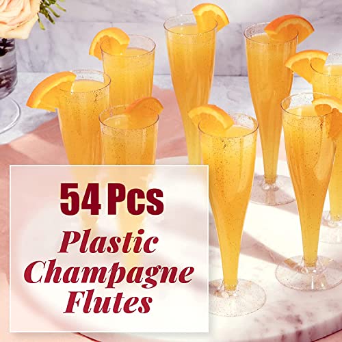 LATERN 54Pcs Plastic Champagne Flutes, 150ml Gold Glitter Champagne Glasses Reusable Stemmed Party Wine Cups for Garden Wedding Anniversary Shower Parties (5 x 17cm)
