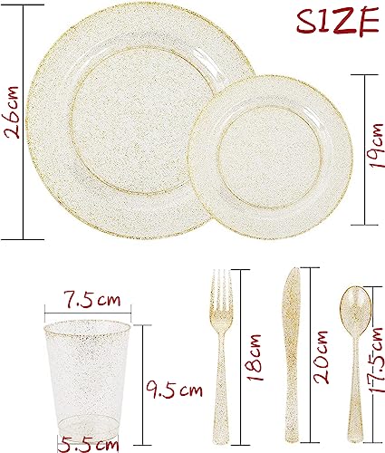 LATERN 150Pcs Multi-Use Gold Glitter Dinnerware Set, 25Pcs Resuable Dinner Plates, 25Pcs Salad Plates, 25Pcs Knives, 25Pcs Mini Forks, 25Pcs Spoons, 25Pcs Cups for Wedding Anniversary Garden Party